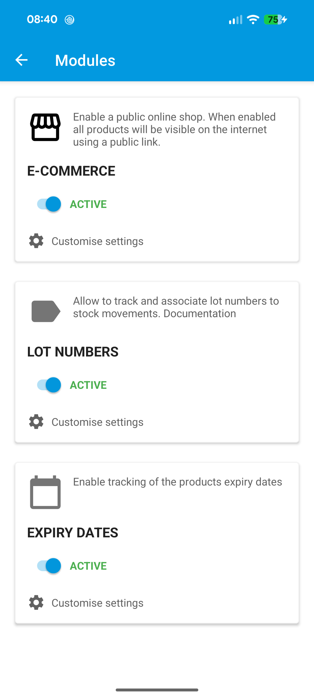 Expiry dates settings