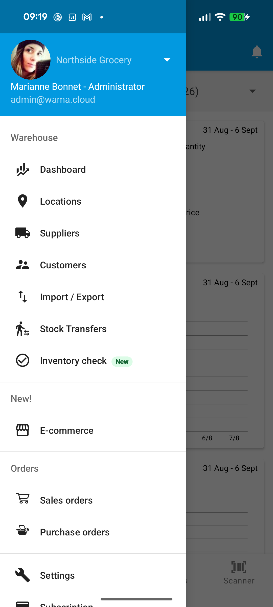 Warehouse menu with Inventory check