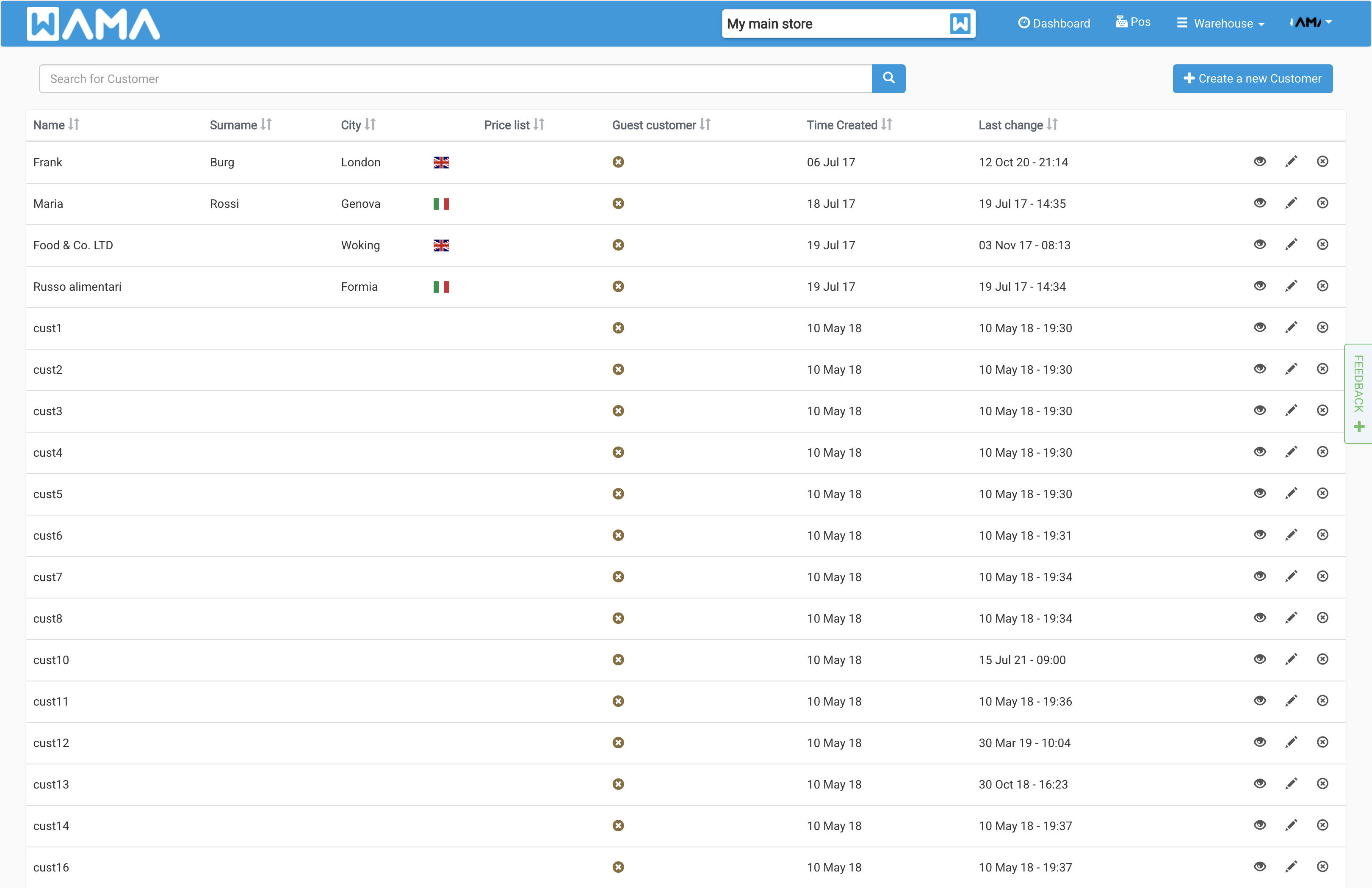 Customers list