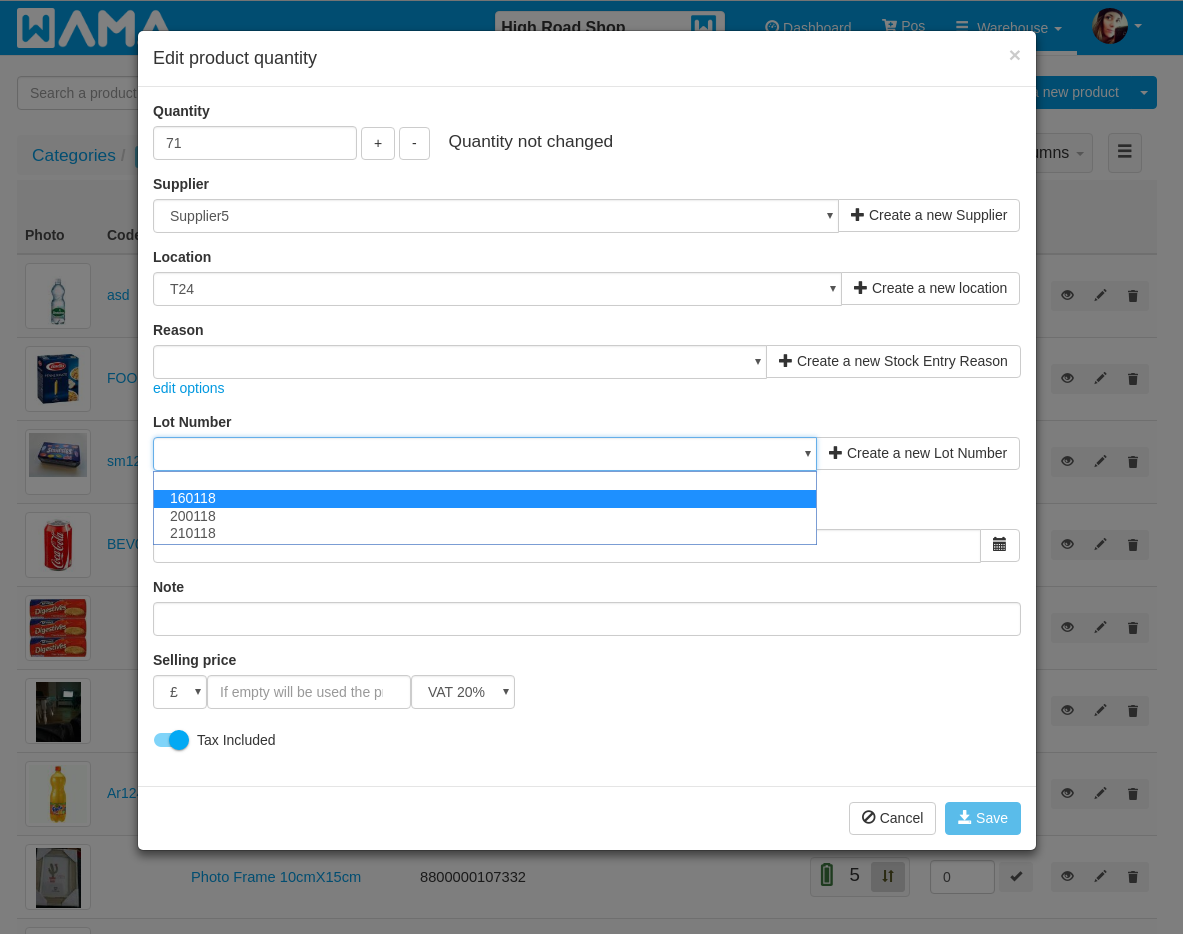 Adding lot number to stock change