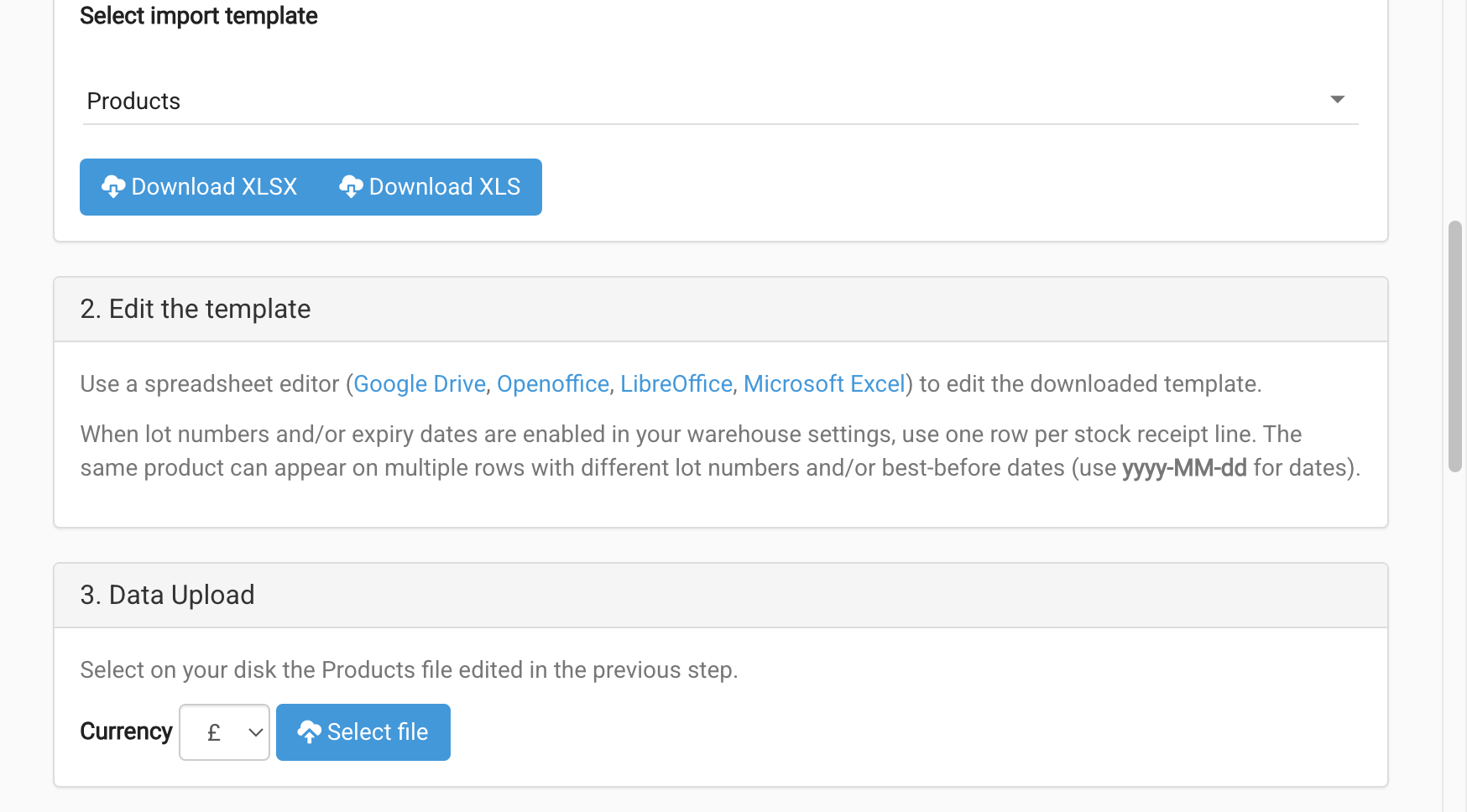Product import with lot numbers