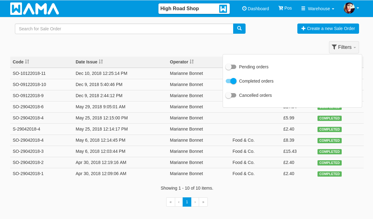 Sales orders filters